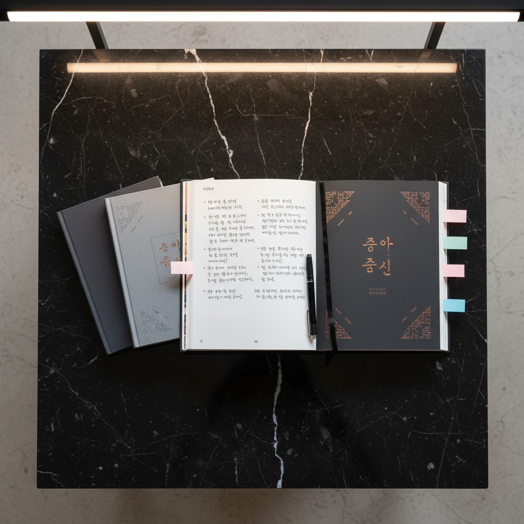 The image is an open book with Korean text and a pen on a black table next to a light fixture. This document describes a s...