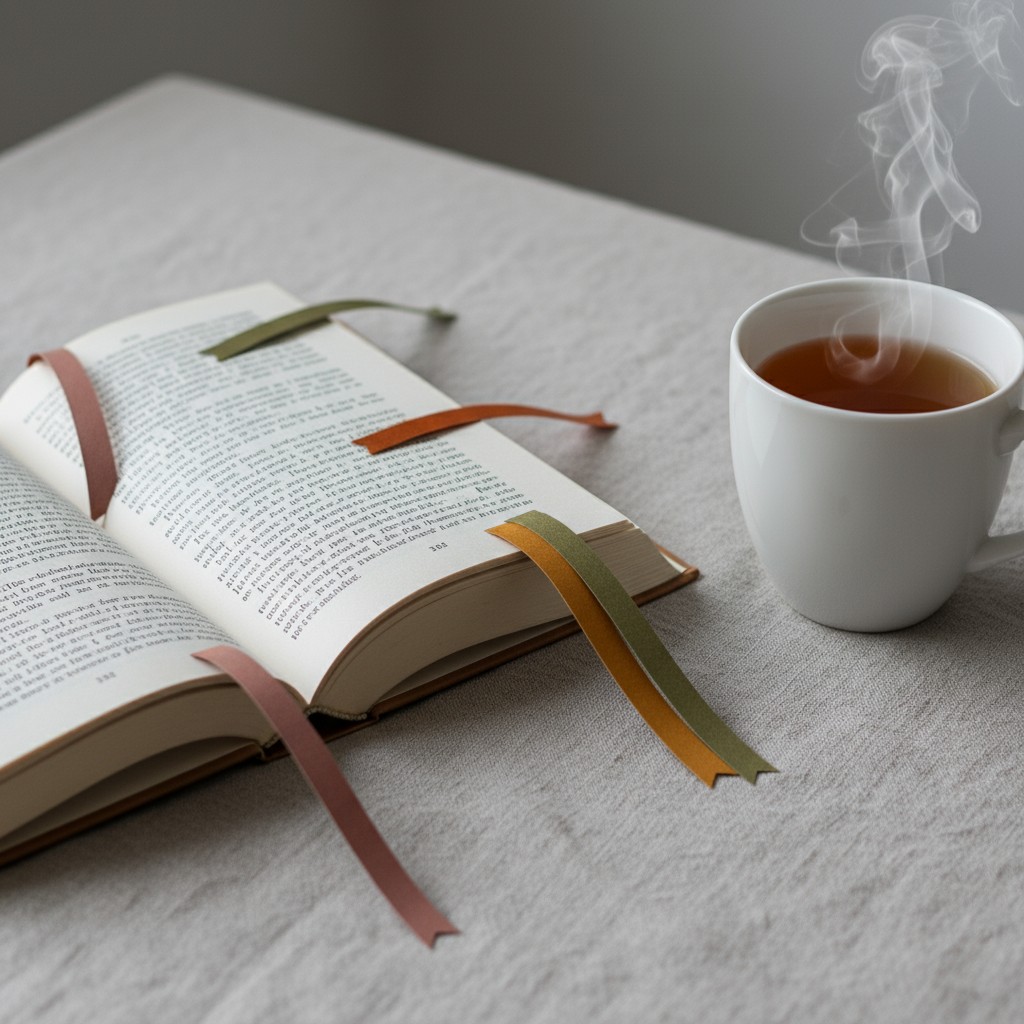 obook with a cup of tea and bookmark on the table.